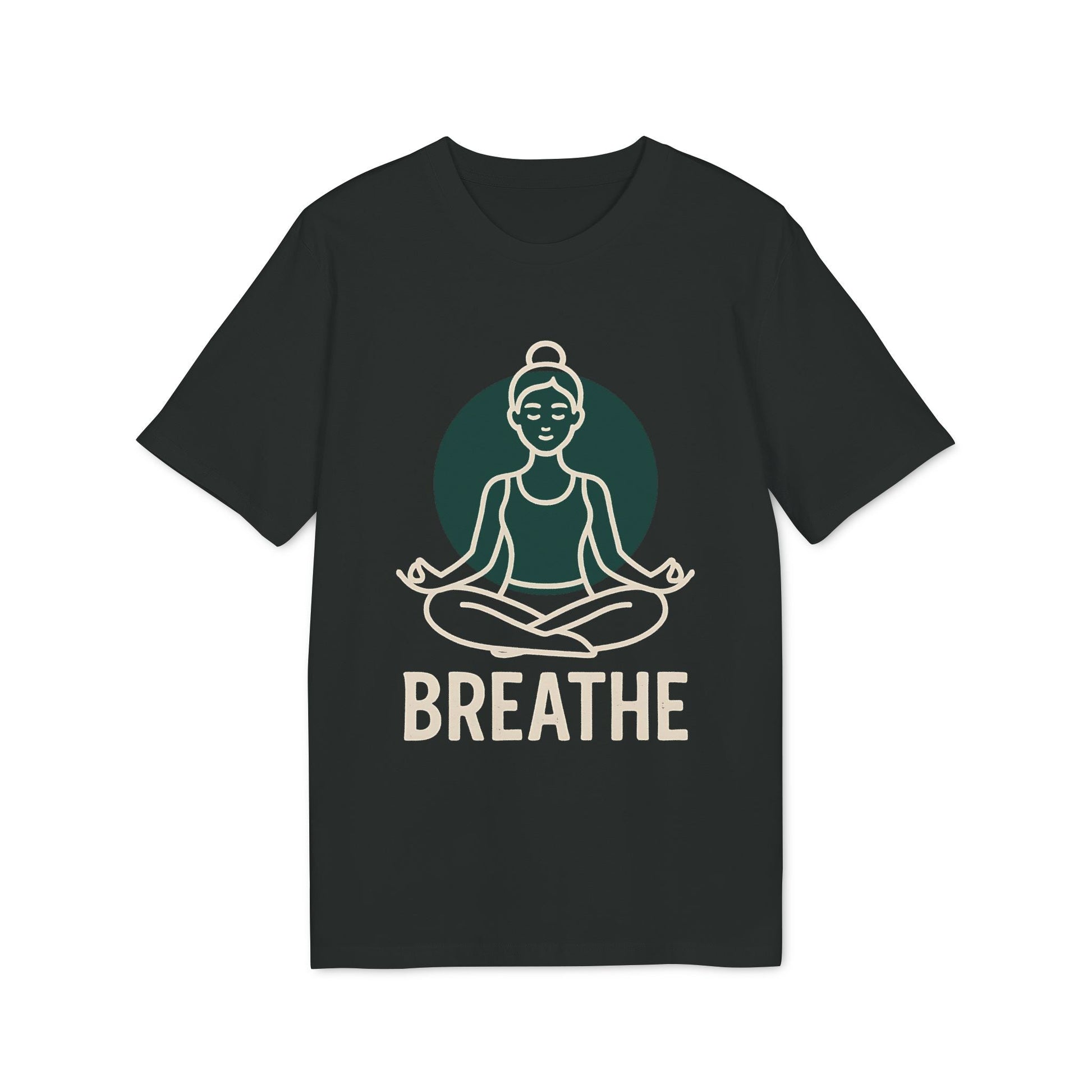 Alt Tag: Breathe Yoga Premium Unisex T-Shirt negra con ilustración de persona meditando y texto “BREATHE”