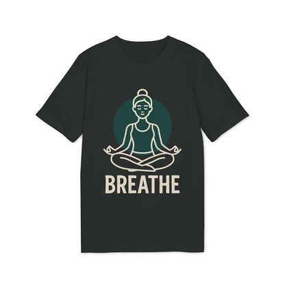 Alt Tag: Breathe Yoga Premium Unisex T-Shirt negra con ilustración de persona meditando y texto “BREATHE”