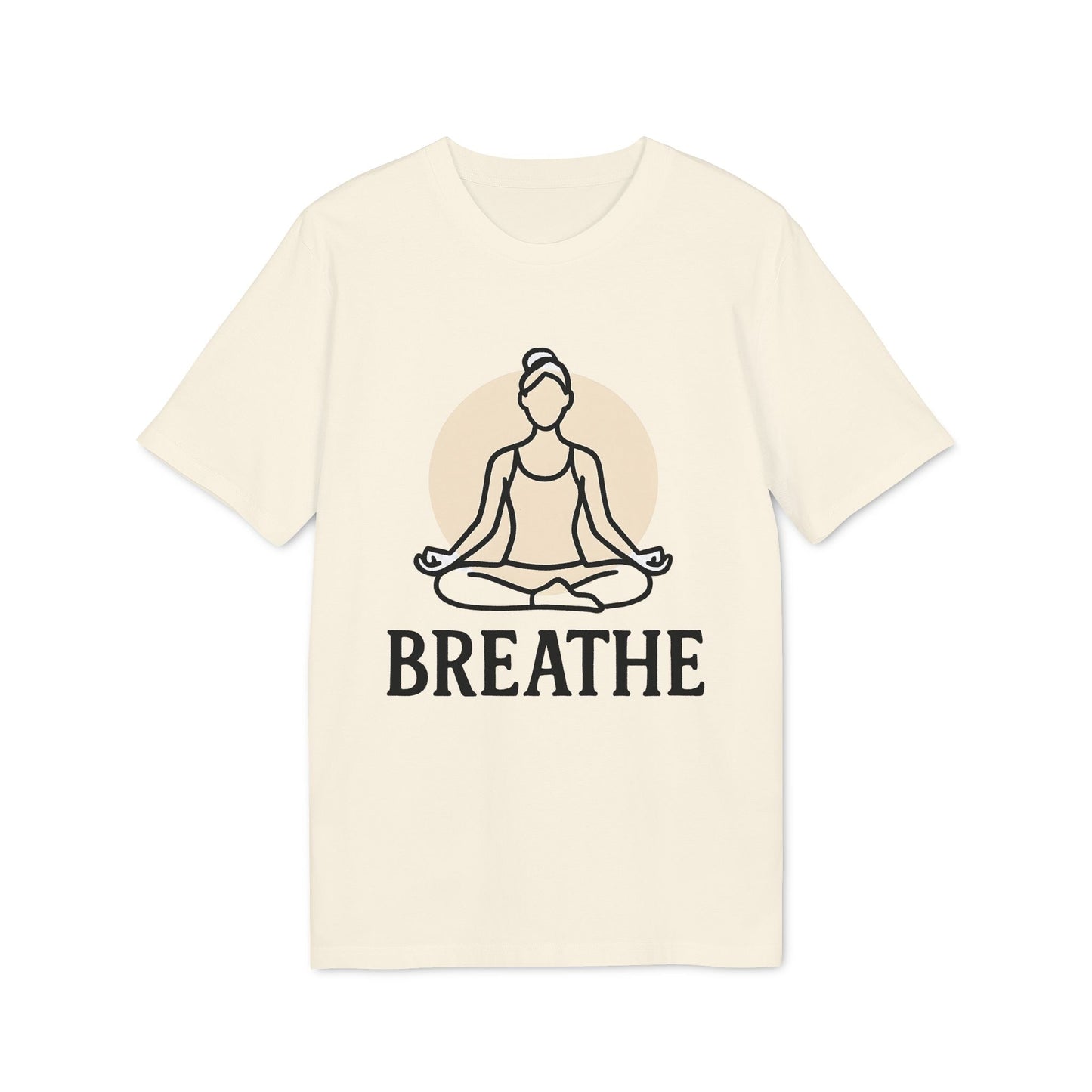 Alt Tag: Breathe Yoga Premium Unisex T-Shirt color crema con ilustración de persona meditando y texto "BREATHE" al frente