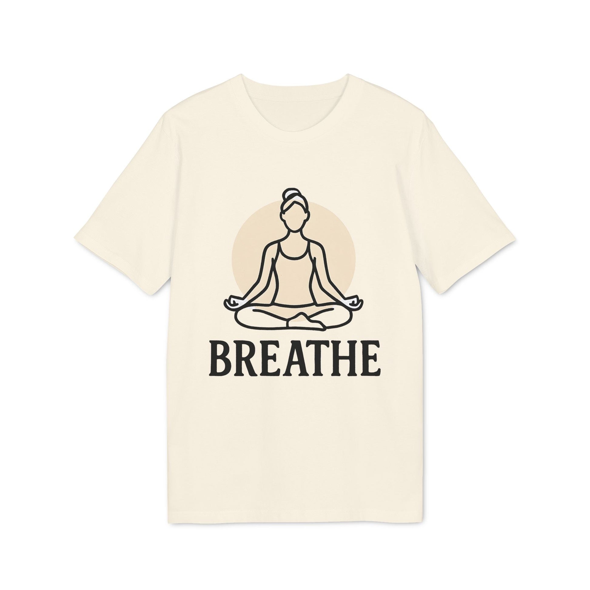 Alt Tag: Breathe Yoga Premium Unisex T-Shirt color crema con ilustración de persona meditando y texto "BREATHE" al frente