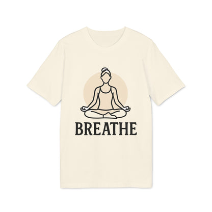 Alt Tag: Breathe Yoga Premium Unisex T-Shirt color crema con ilustración de persona meditando y texto "BREATHE" al frente