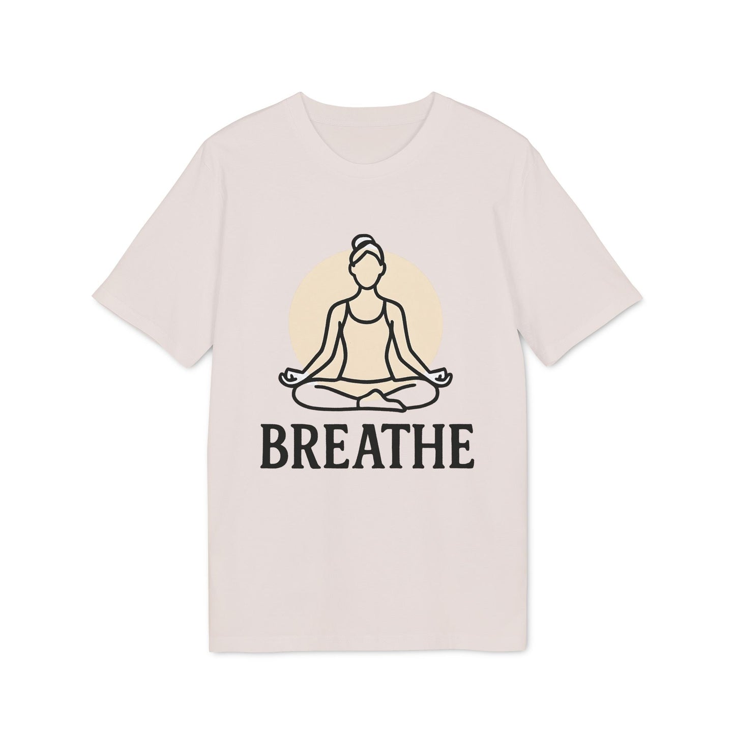 Alt Tag: Breathe Yoga Premium Unisex T-Shirt beige tee with meditating yoga graphic and “BREATHE” text on front