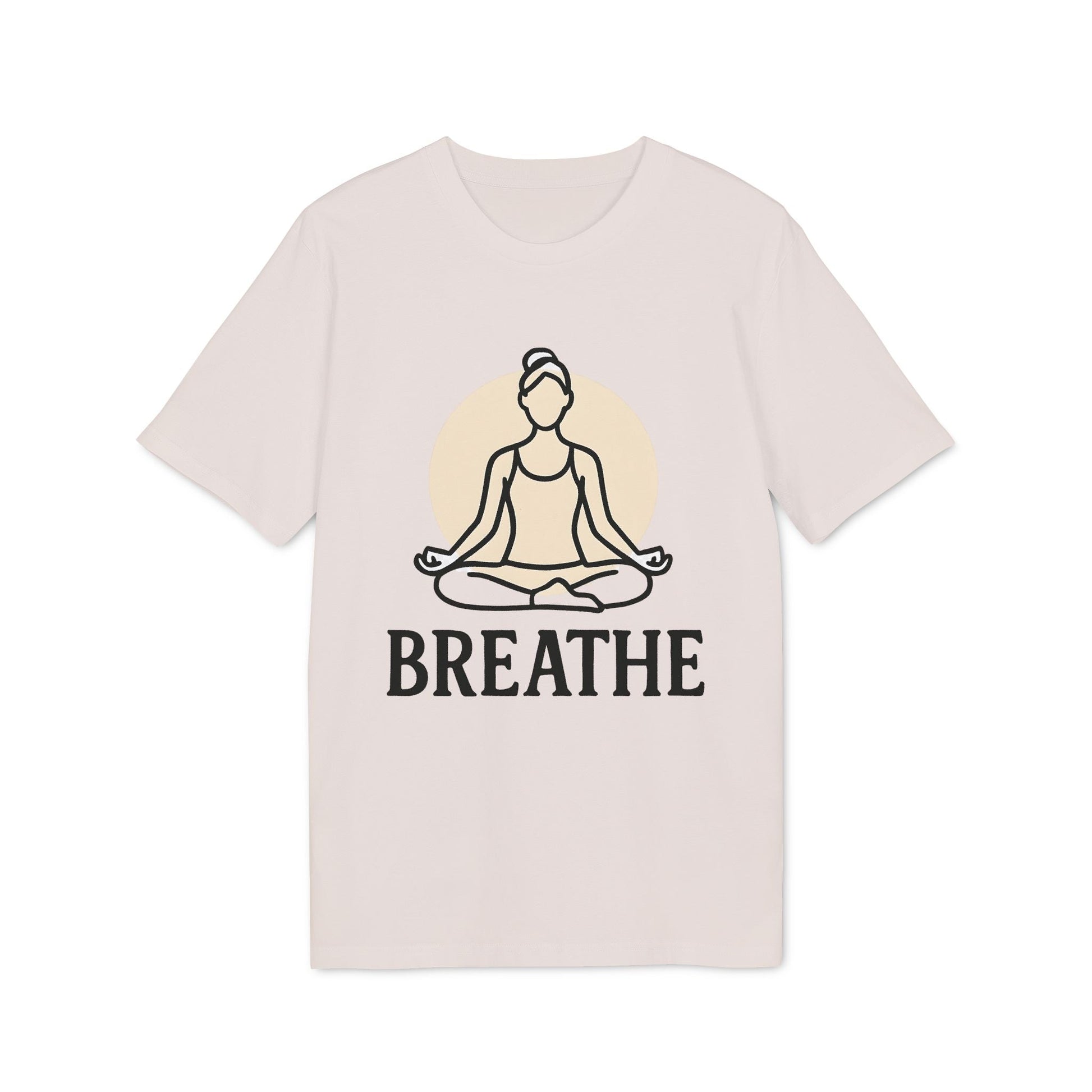 Alt Tag: Breathe Yoga Premium Unisex T-Shirt beige tee with meditating yoga graphic and “BREATHE” text on front