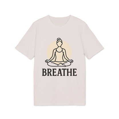 Alt Tag: Breathe Yoga Premium Unisex T-Shirt beige tee with meditating yoga graphic and “BREATHE” text on front