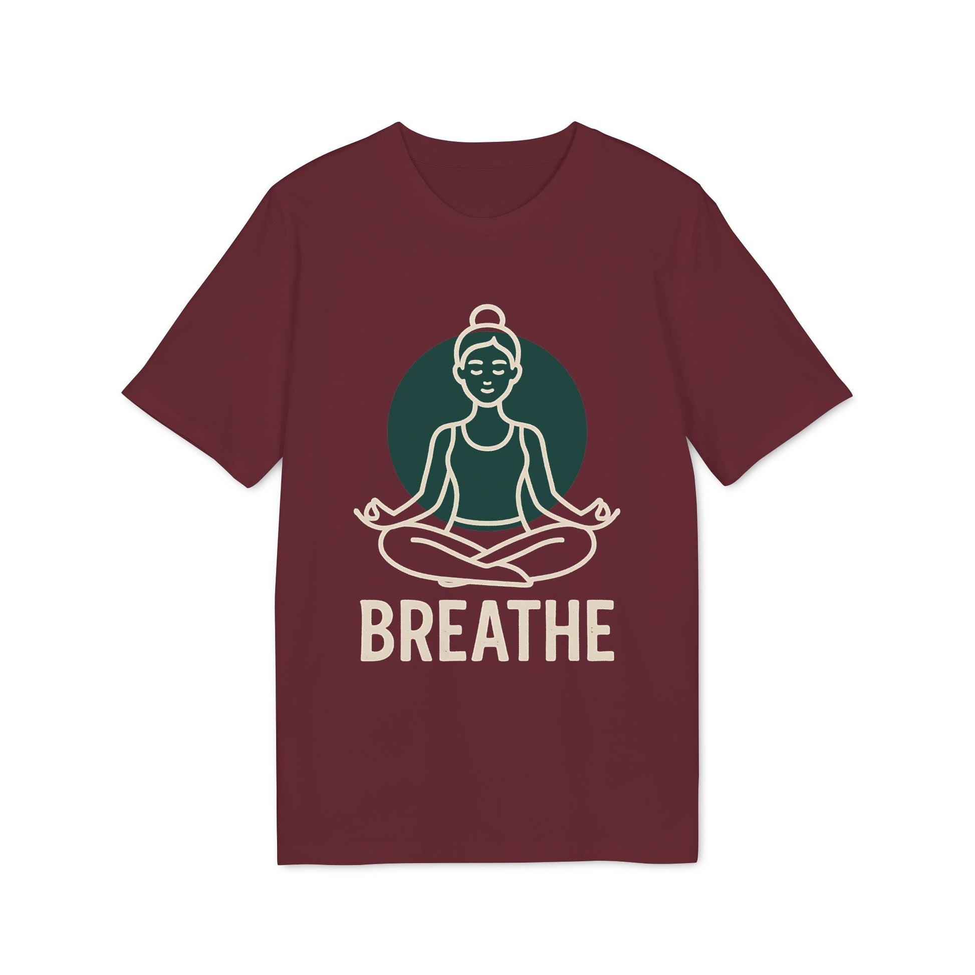 Alt Tag: Breathe Yoga Premium Unisex T-Shirt color burdeos con gráfico de persona meditando y texto “BREATHE” en el frente