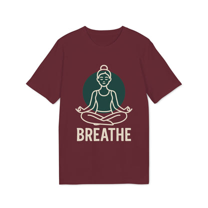 Alt Tag: Breathe Yoga Premium Unisex T-Shirt color burdeos con gráfico de persona meditando y texto “BREATHE” en el frente