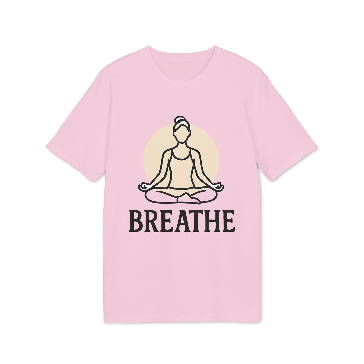 Alt Tag: Breathe Yoga Premium Unisex T-Shirt en color rosa con ilustración de meditación y texto “BREATHE” en el frente