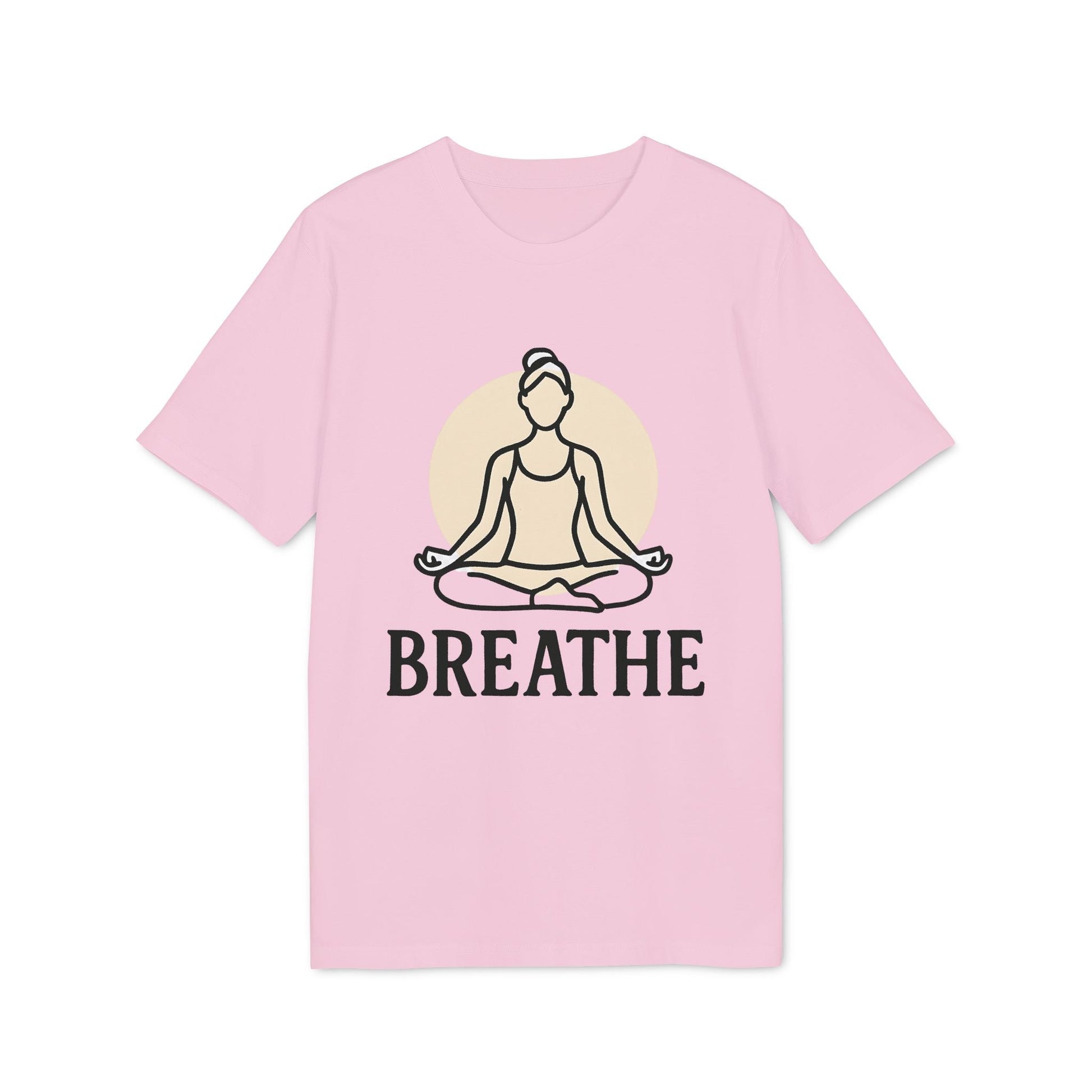 Alt Tag: Breathe Yoga Premium Unisex T-Shirt en color rosa con ilustración de meditación y texto “BREATHE” en el frente