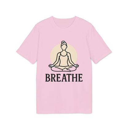 Alt Tag: Breathe Yoga Premium Unisex T-Shirt en color rosa con ilustración de meditación y texto “BREATHE” en el frente