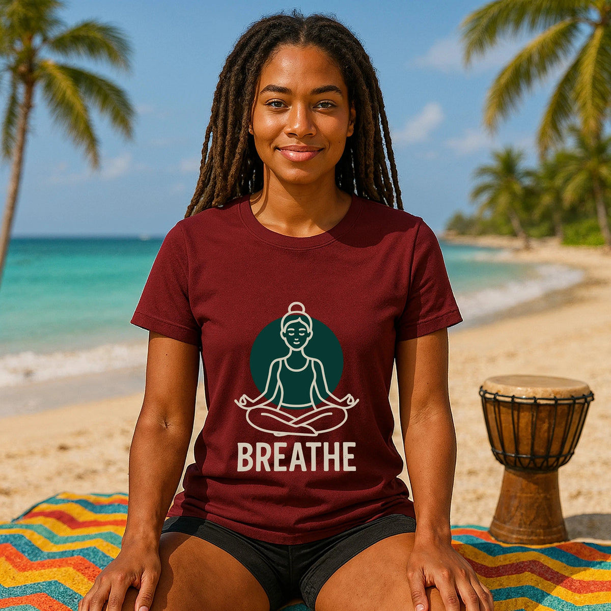Alt Tag: Breathe Yoga Premium Unisex T-Shirt burgundy with meditating figure and 
