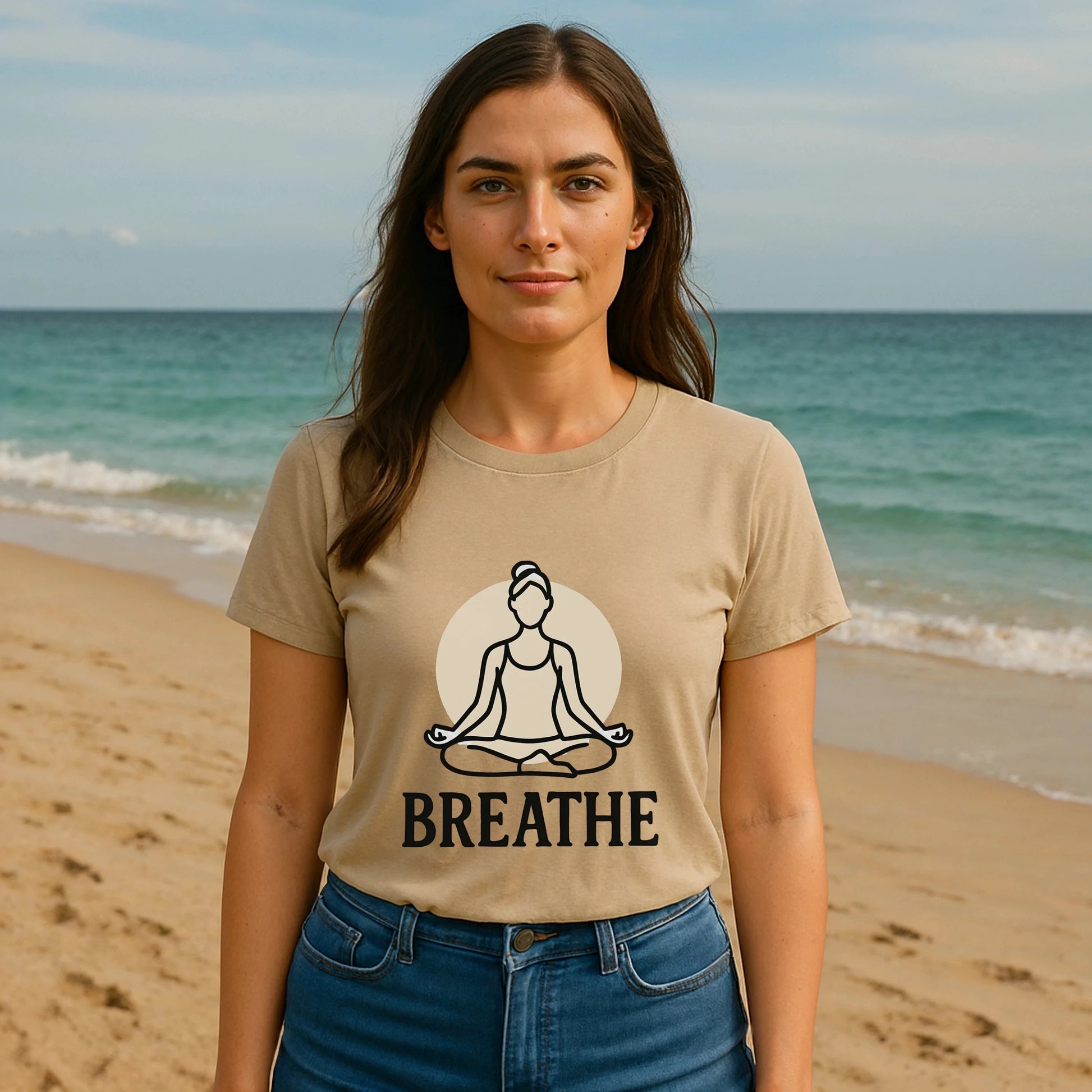 Breathe Yoga Premium Unisex T-Shirt worn by model at beach, beige tee with meditating figure and BREATHE graphic