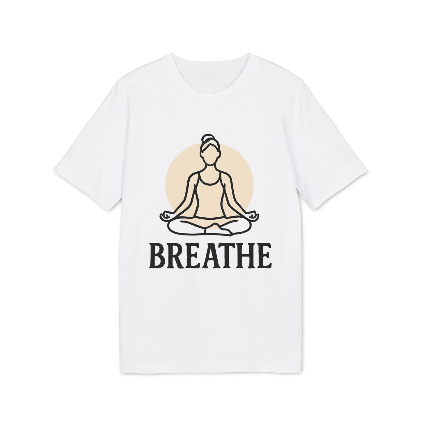 Alt Tag: Breathe Yoga Premium Unisex T-Shirt white tee with seated meditation yoga illustration and "BREATHE" text