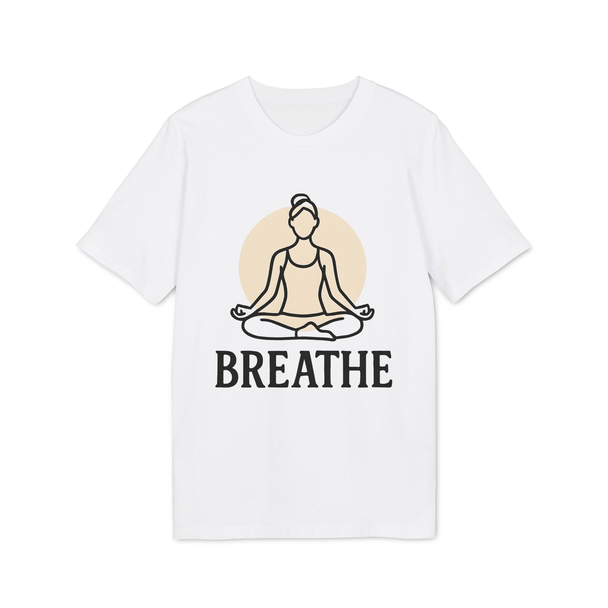 Alt Tag: Breathe Yoga Premium Unisex T-Shirt white tee with seated meditation yoga illustration and "BREATHE" text