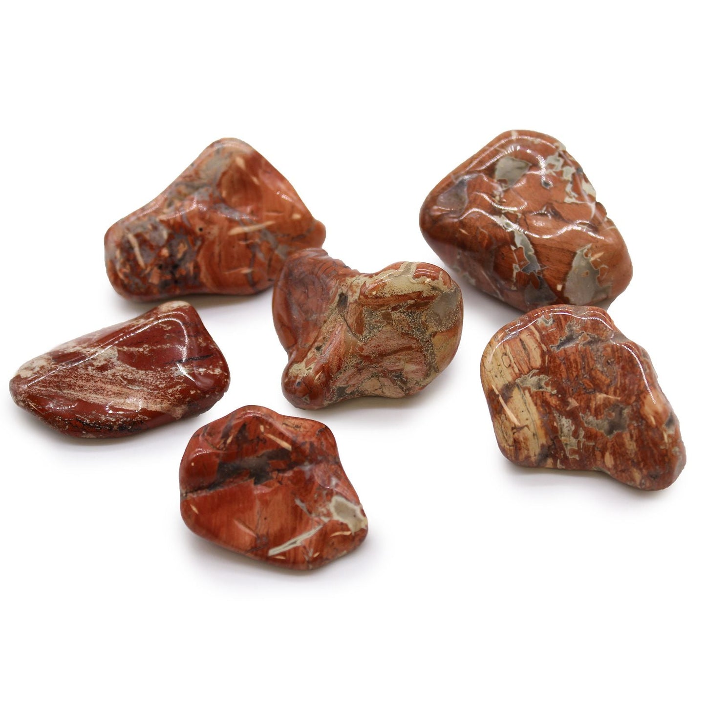 Brecciated Light Jasper Tumble Stones – Set of 6 polished beige and tan brecciated jasper stones from South Africa on white background