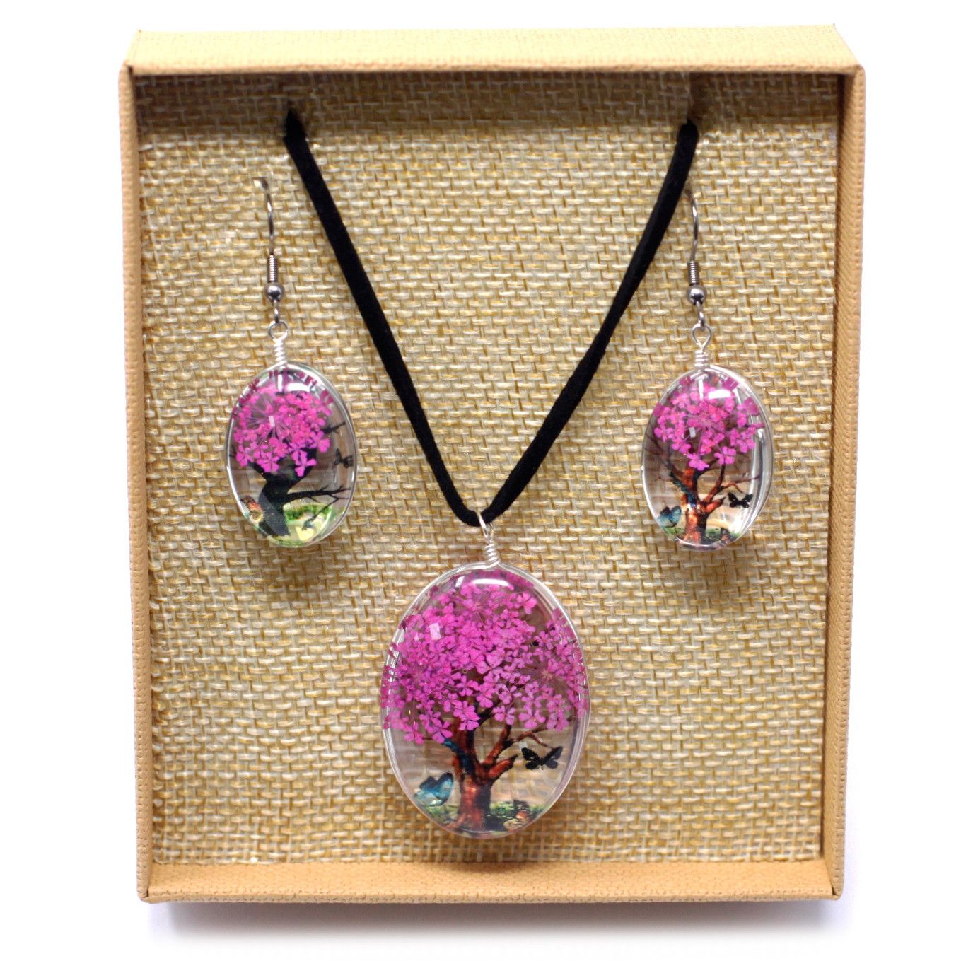 Bright Pink Tree of Life Jewelry Set – Real Flowers, collar y aretes colgantes con flores reales prensadas en vidrio, tono fucsia