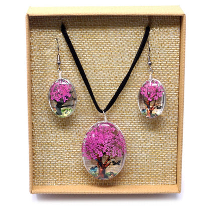 Bright Pink Tree of Life Jewelry Set – Real Flowers, collar y aretes colgantes con flores reales prensadas en vidrio, tono fucsia