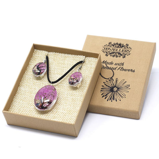 Bright Pink Tree of Life Jewelry Set – Real Flowers in gift box, pendant necklace and matching earrings with pressed pink flowers