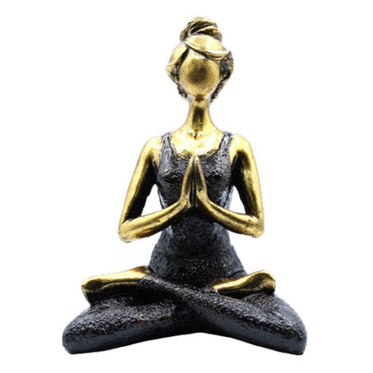 Alt Tag: Bronze & Black Resin Yoga Lady Figure – 24CM sentado en postura de loto con manos en oración, figura decorativa de resina