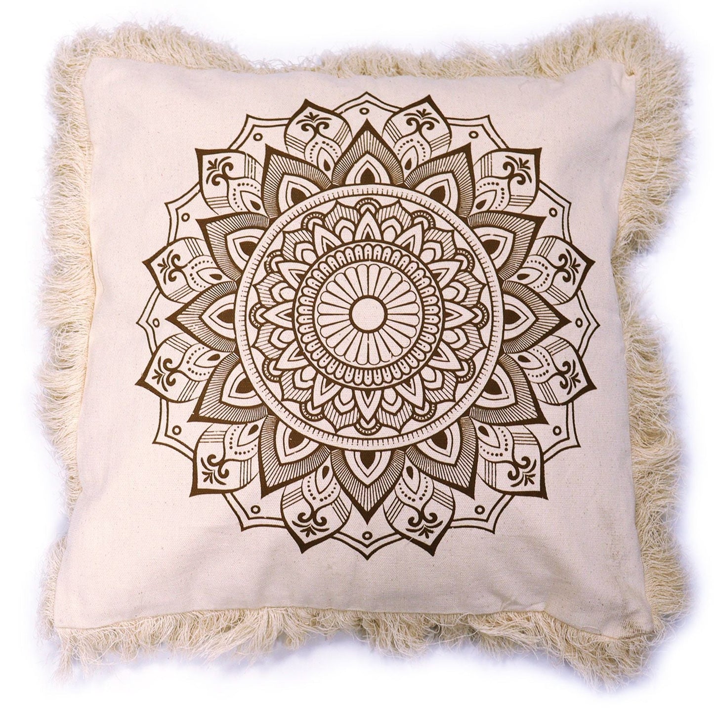 Kuddfodral i bronsfärgad bomull med Lotus Mandala – 45x45 CM, kvadratiskt kuddfodral i indonesisk bomull med lotusmandala-tryck och franskant