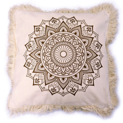 Kuddfodral i bronsfärgad bomull med Lotus Mandala – 45x45 CM, kvadratiskt kuddfodral i indonesisk bomull med lotusmandala-tryck och franskant