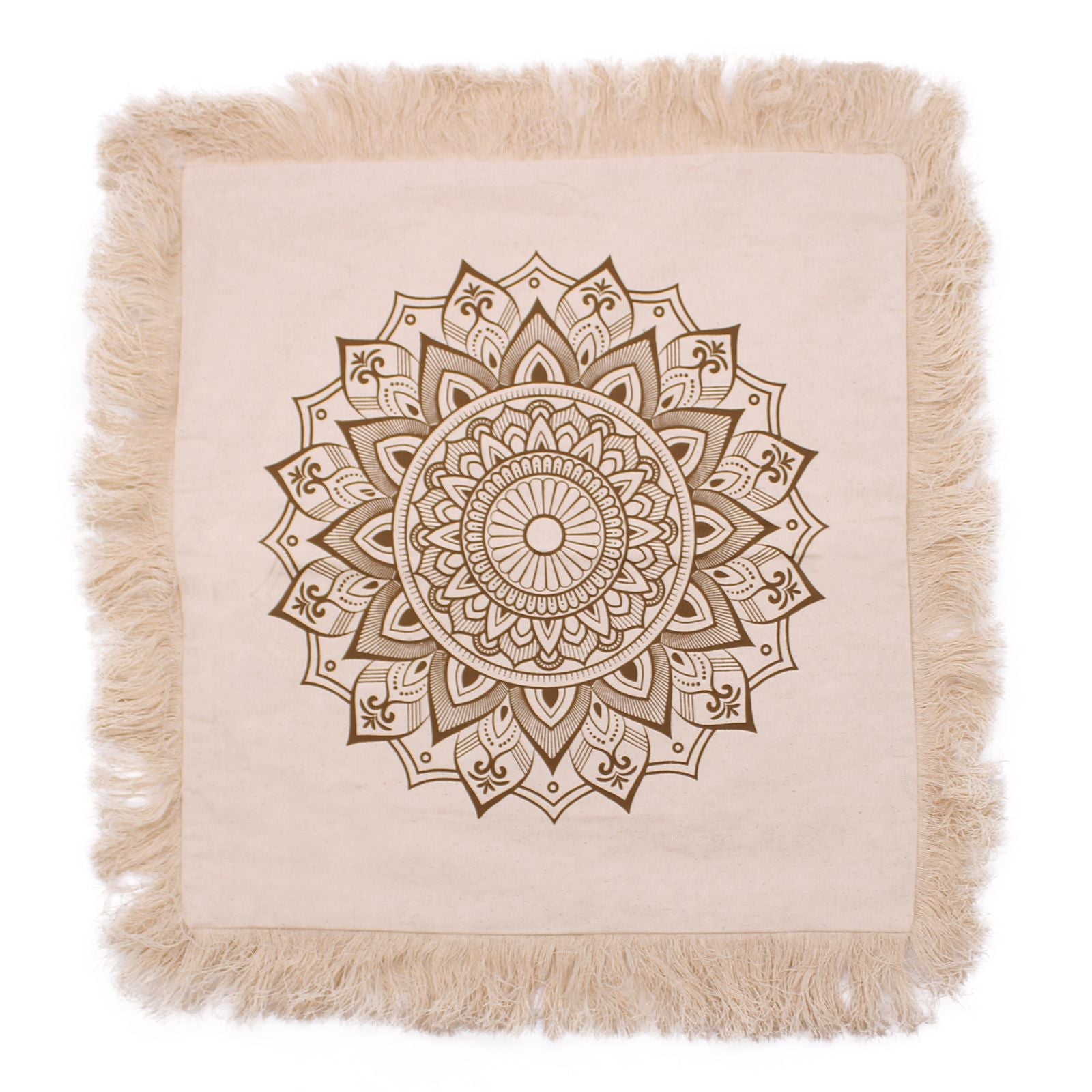 Kuddfodral i bomull med Lotus Mandala i brons – 45x45 CM, bomullskuddfodral med lotusmandala i bronsnyans och fransar