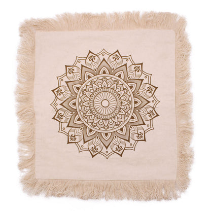 Kuddfodral i bomull med Lotus Mandala i brons – 45x45 CM, bomullskuddfodral med lotusmandala i bronsnyans och fransar