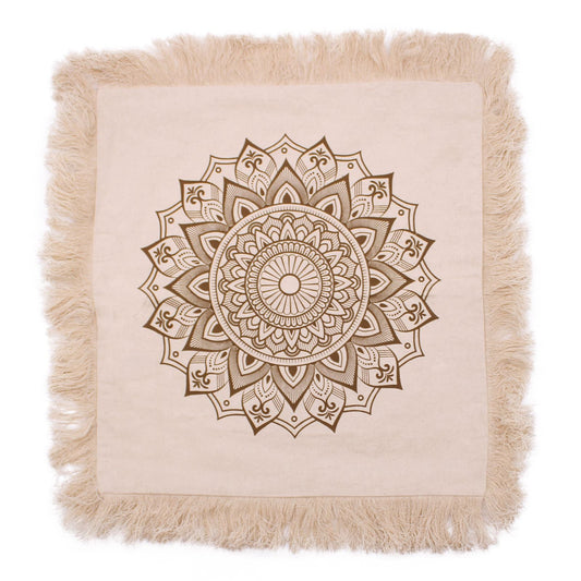 Bronze Cotton Lotus Mandala Cushion Cover – 45x45 CM, funda de cojín de algodón con mandala de loto en tono bronce y flecos