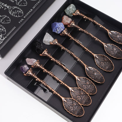 Bronze Gemstone Witch Spoon Set – 7 Magical Spoons, copper-tone spoons with assorted gemstone tops in black gift box
