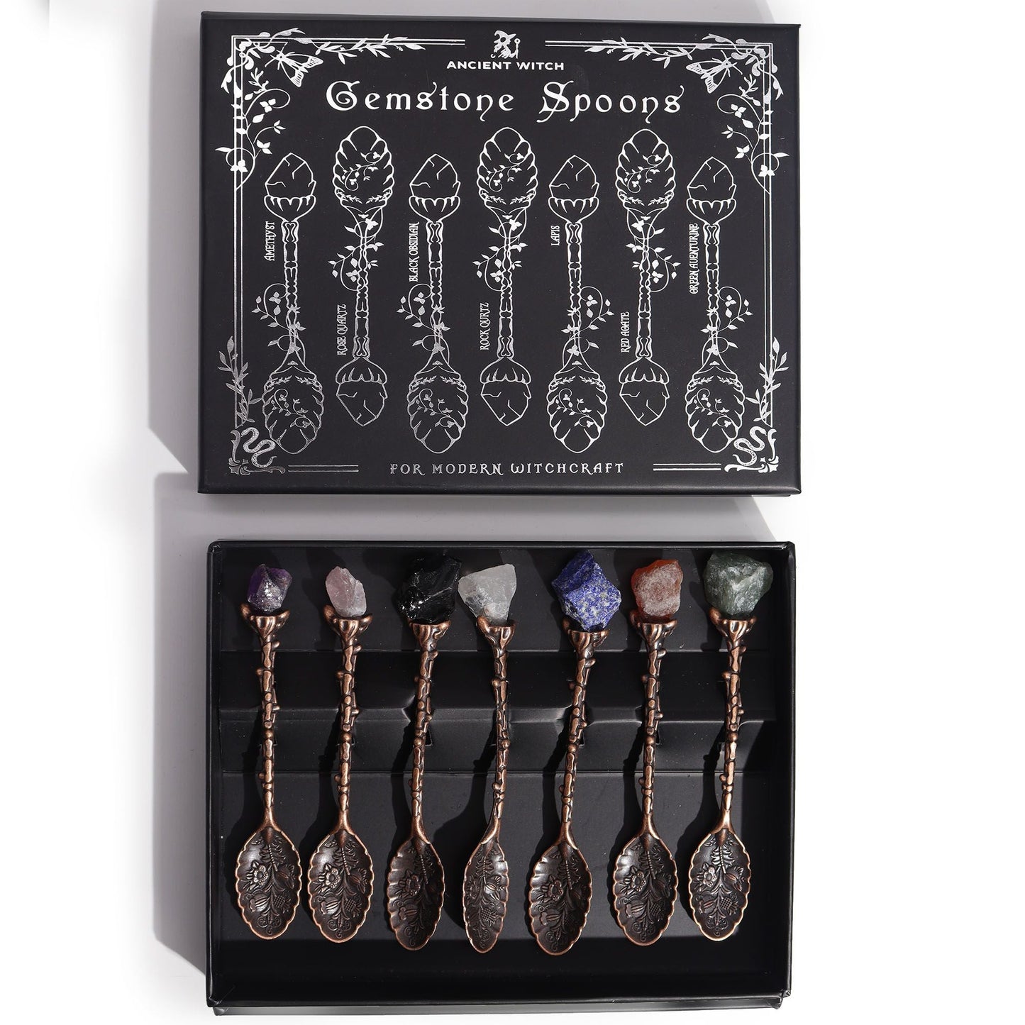 Bronze Gemstone Witch Spoon Set – 7 Magical Spoons in gift box with gemstone handles for modern witchcraft rituals
