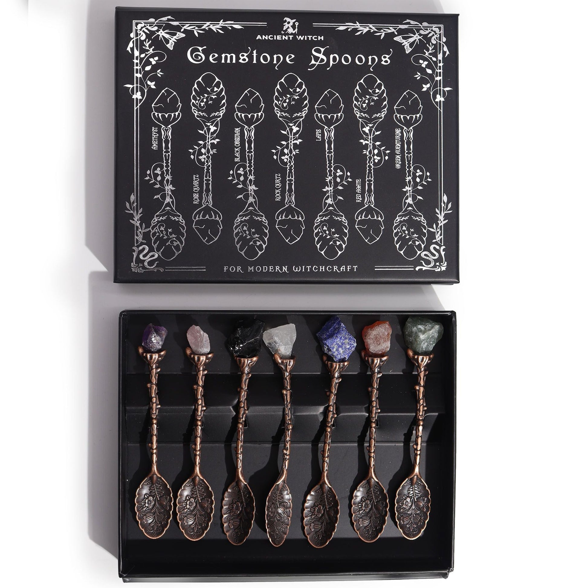 Bronze Gemstone Witch Spoon Set – 7 Magical Spoons in gift box with gemstone handles for modern witchcraft rituals