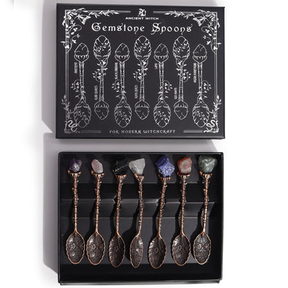 Bronze Gemstone Witch Spoon Set – 7 Magical Spoons in gift box with gemstone handles for modern witchcraft rituals