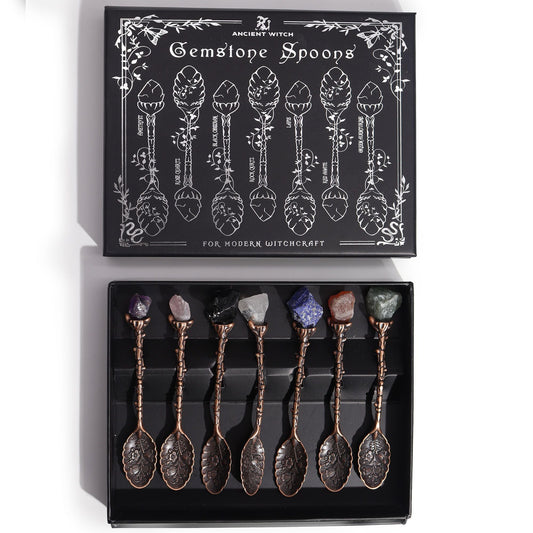 Bronze Gemstone Witch Spoon Set – 7 Magical Spoons in gift box with gemstone handles for modern witchcraft rituals