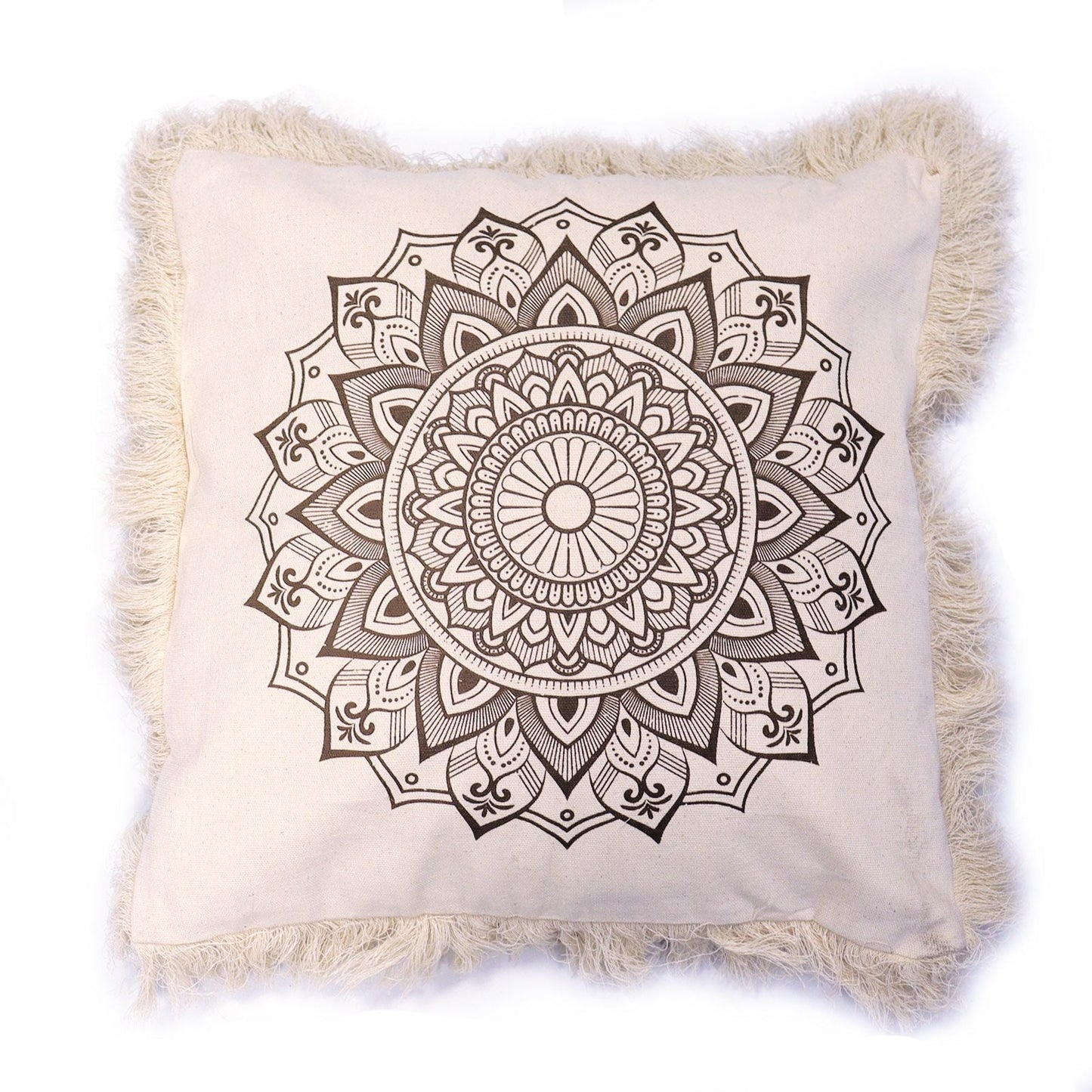 Alt Tag: Kuddfodral Bronze Lotus Mandala – 60x60 CM, kuddfodral i indonesisk bomull i bronsfärg med mandaladesign och fransar