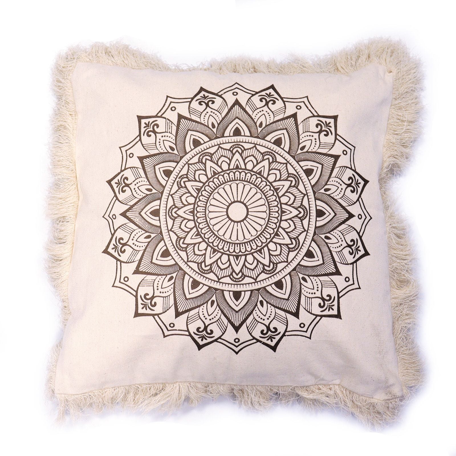 Alt Tag: Kuddfodral Bronze Lotus Mandala – 60x60 CM, kuddfodral i indonesisk bomull i bronsfärg med mandaladesign och fransar