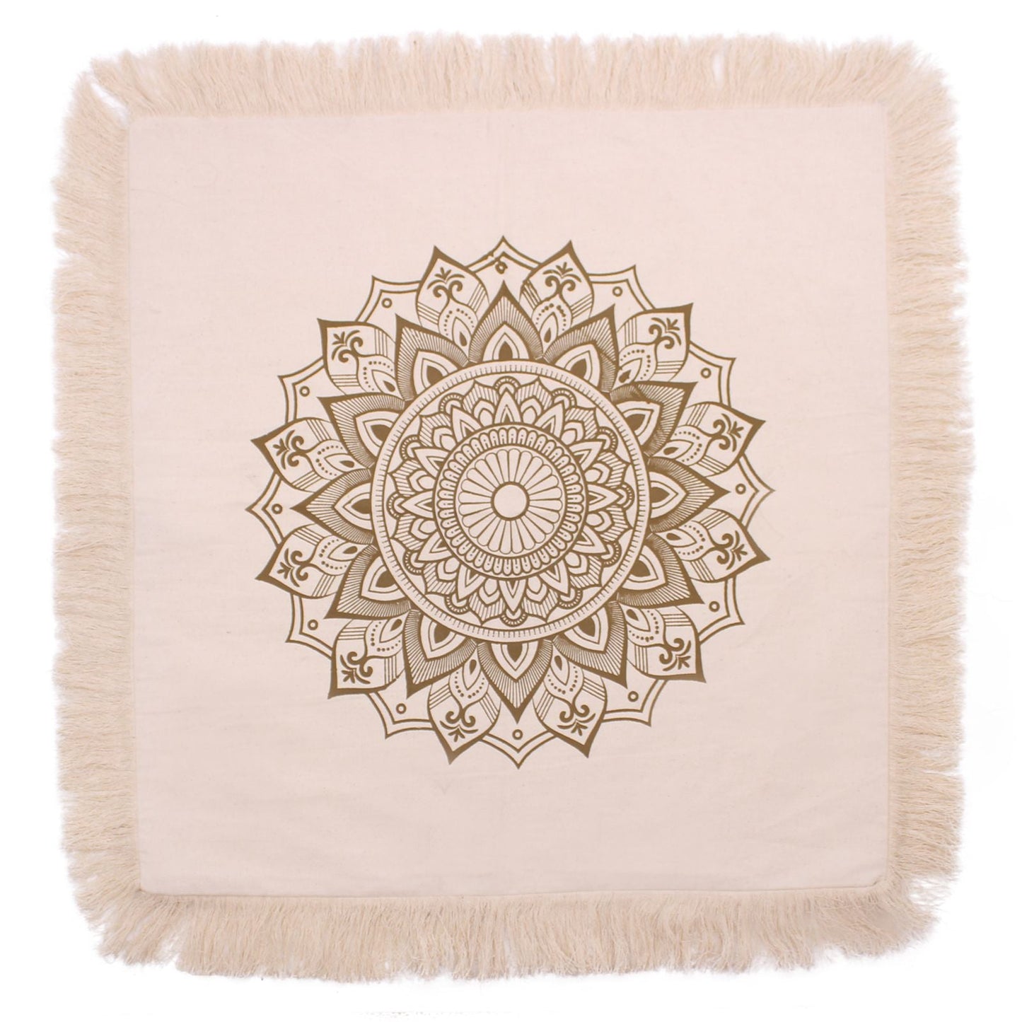 Bronze Lotus Mandala Kuddfodral – 60x60 CM, kuddfodral i indonesisk bomull med tryck av bronze lotus mandala och fransade kanter