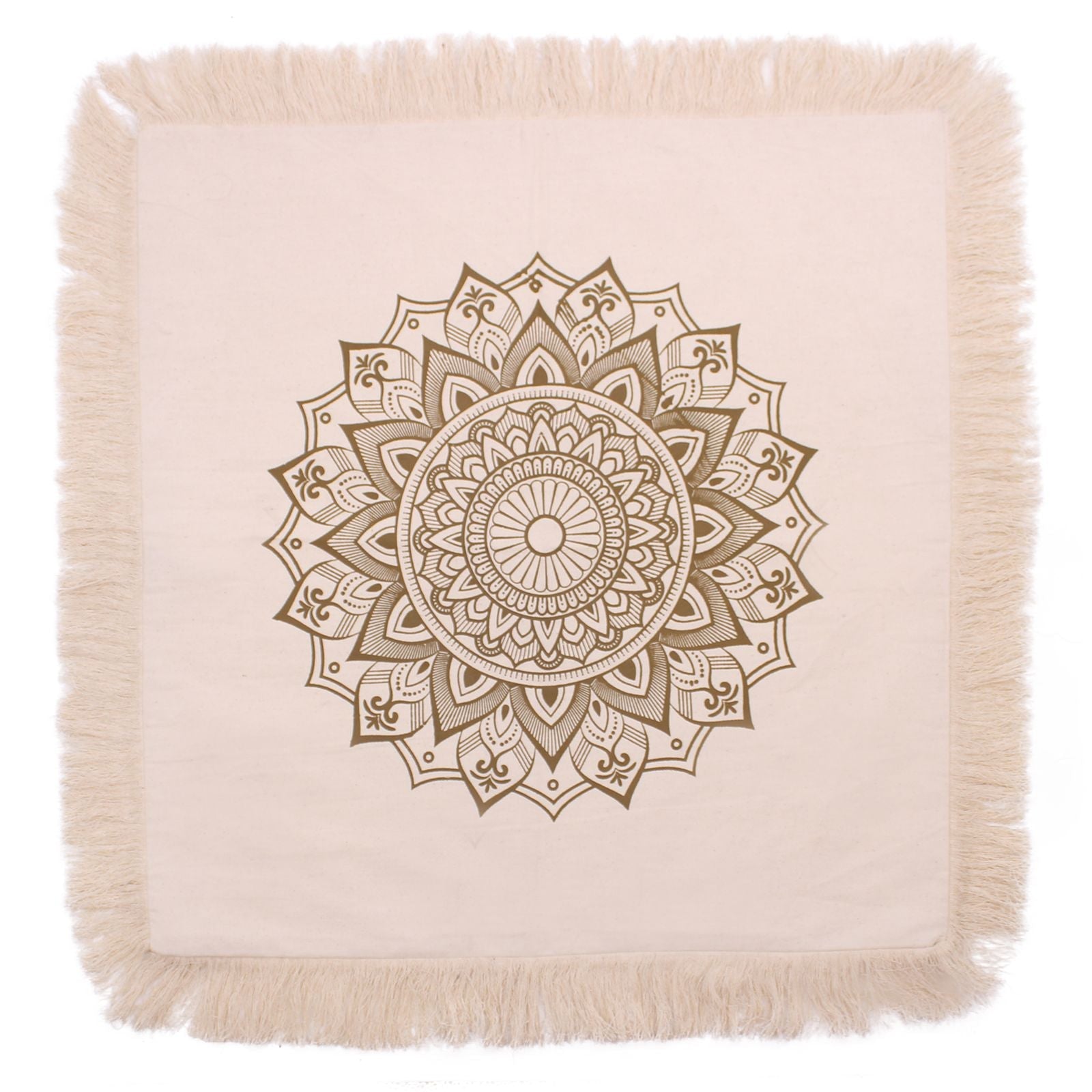 Bronze Lotus Mandala Kuddfodral – 60x60 CM, kuddfodral i indonesisk bomull med tryck av bronze lotus mandala och fransade kanter
