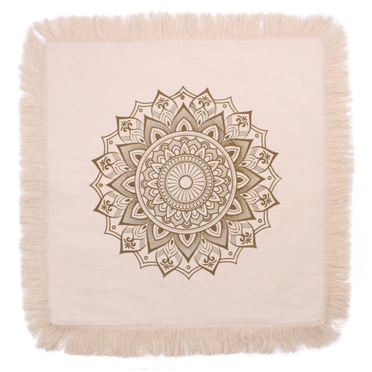 Bronze Lotus Mandala Cushion Cover – 60x60 CM, Indonesian cotton cushion cover with bronze lotus mandala print and fringed edges