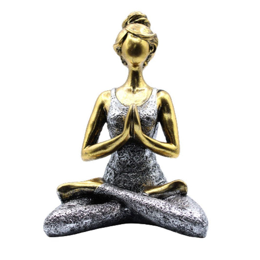 Alt-Tag: Bronze- & Silber-Yoga-Lady-Figur – 24CM handmodellierte Statue aus Resin und Zement in sitzender Lotushaltung mit Gebetshänden