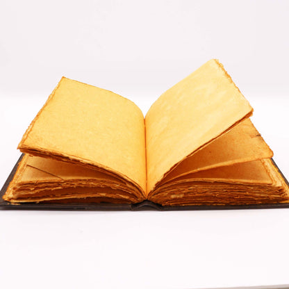 Alt Tag: Brown Tan Leather Journal – Zinc Moon 26x18CM open leather journal with deckle-edged pages, front view