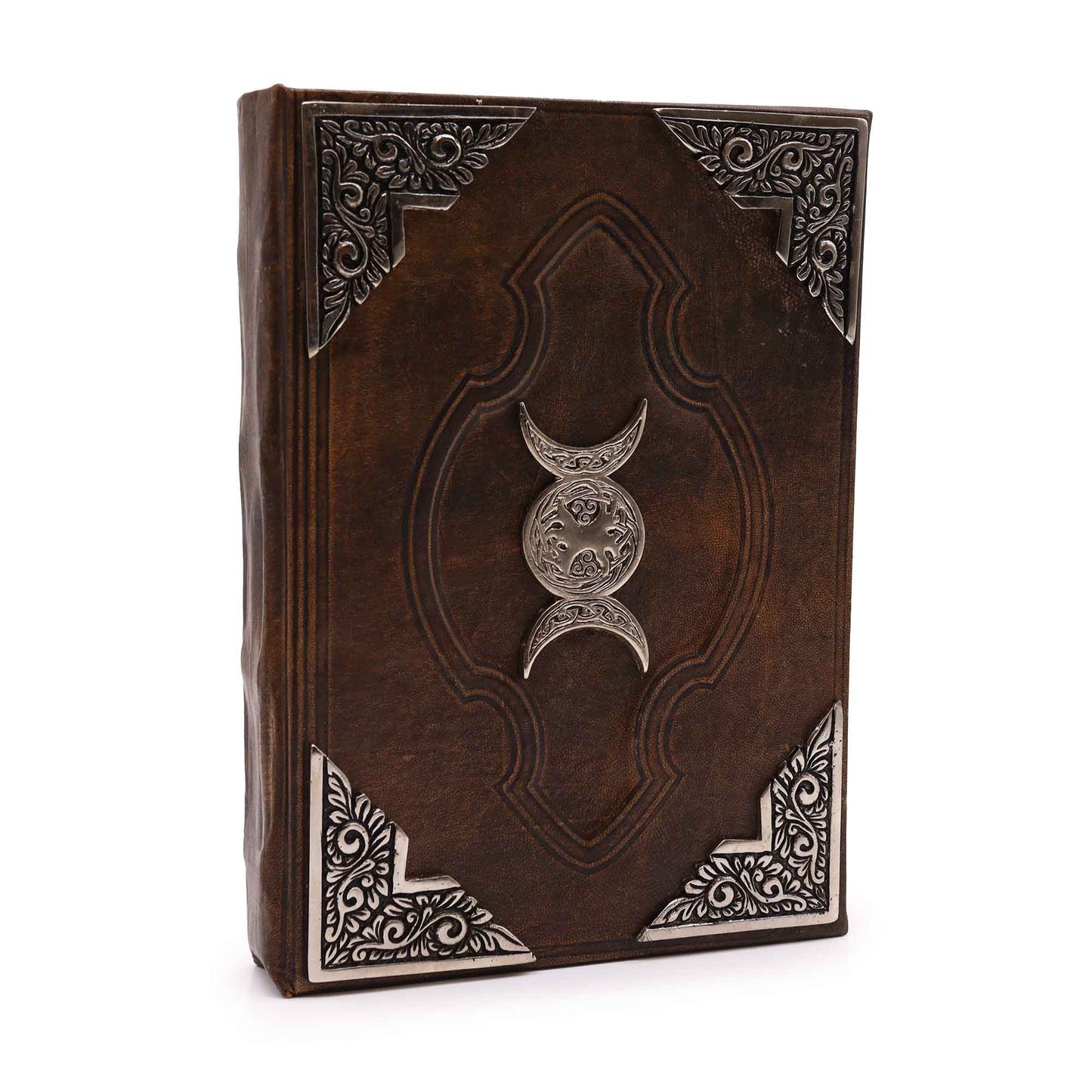 Alt Tag: Brown Tan Leather Journal – Zinc Moon 26x18CM, brown tan leather cover with zinc triple moon emblem and ornate metal corners