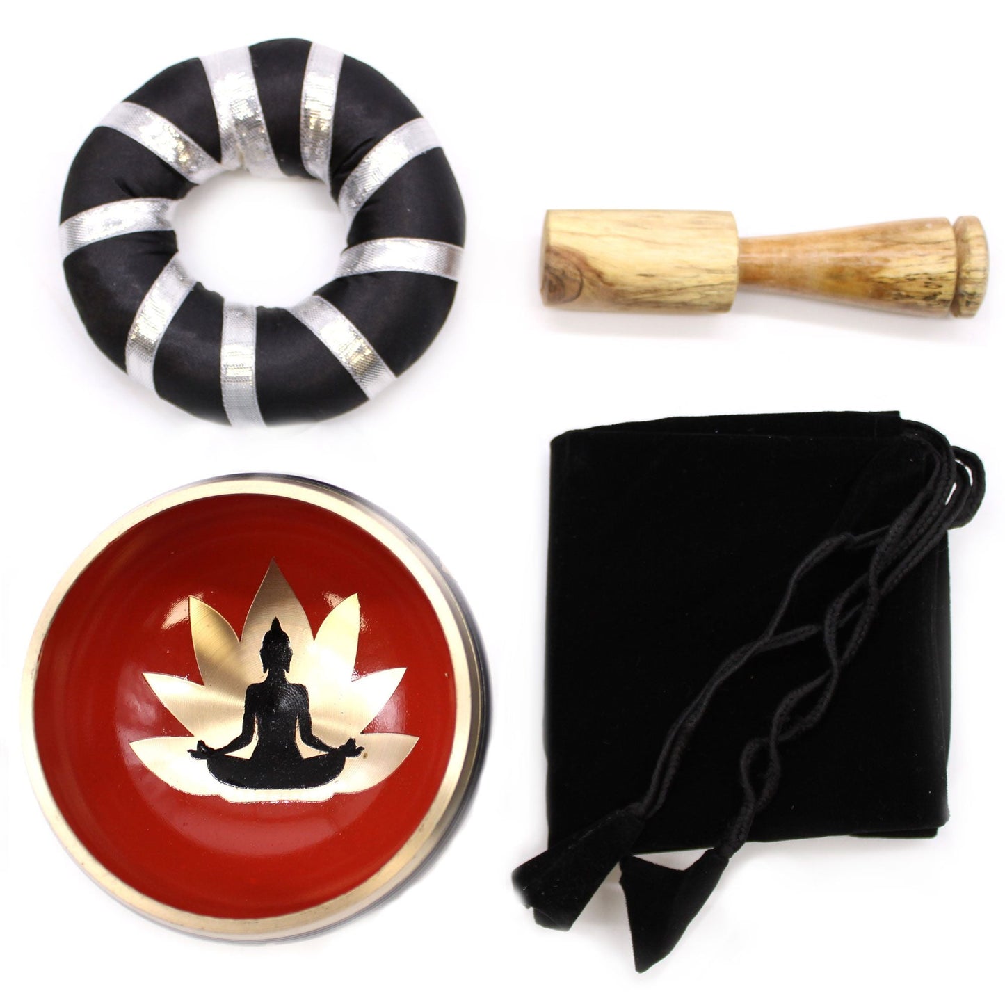 Buddha Singing Bowl-set – Svart/Orange – 10.7 CM med handgjord skål från Nepal, träklubba, kuddring och svart påse