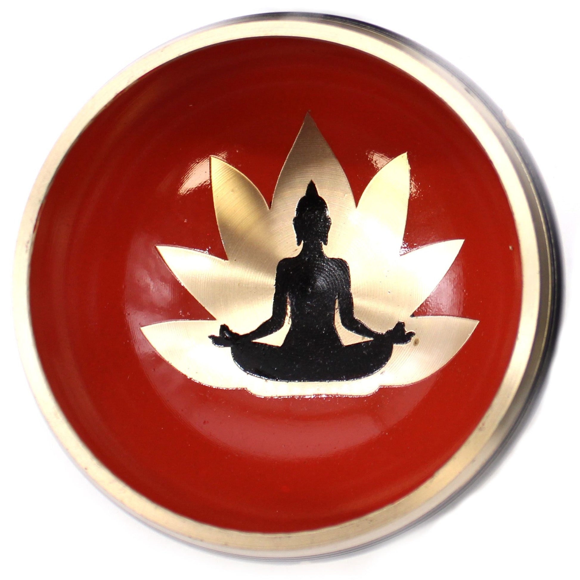 Buddha klangskålset – Svart/Orange – 10,7 CM, röd insida med lotusdesign och svart Buddha-silhuett, handgjort i Nepal