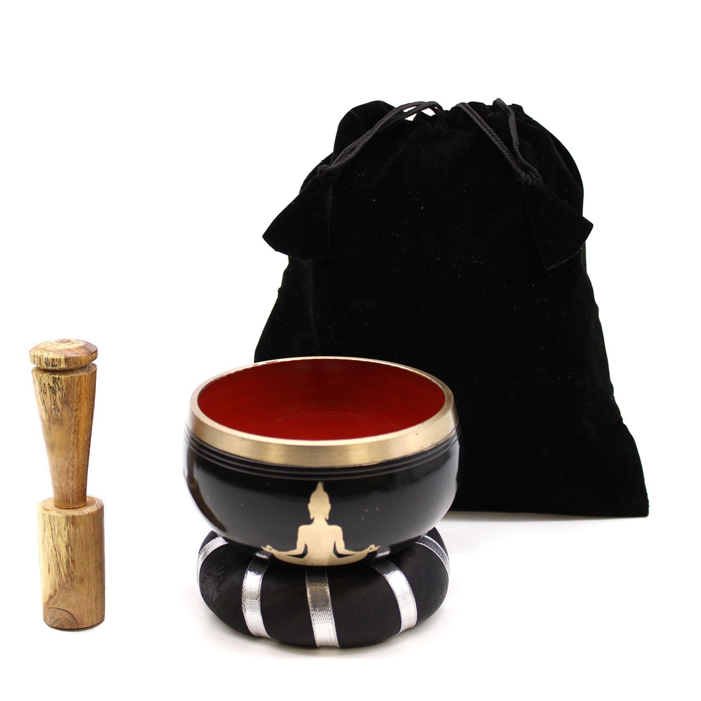 Buddha Singing Bowl Set – Svart/Orange – 10,7 CM med klubba, kuddring och svart påse med dragsko