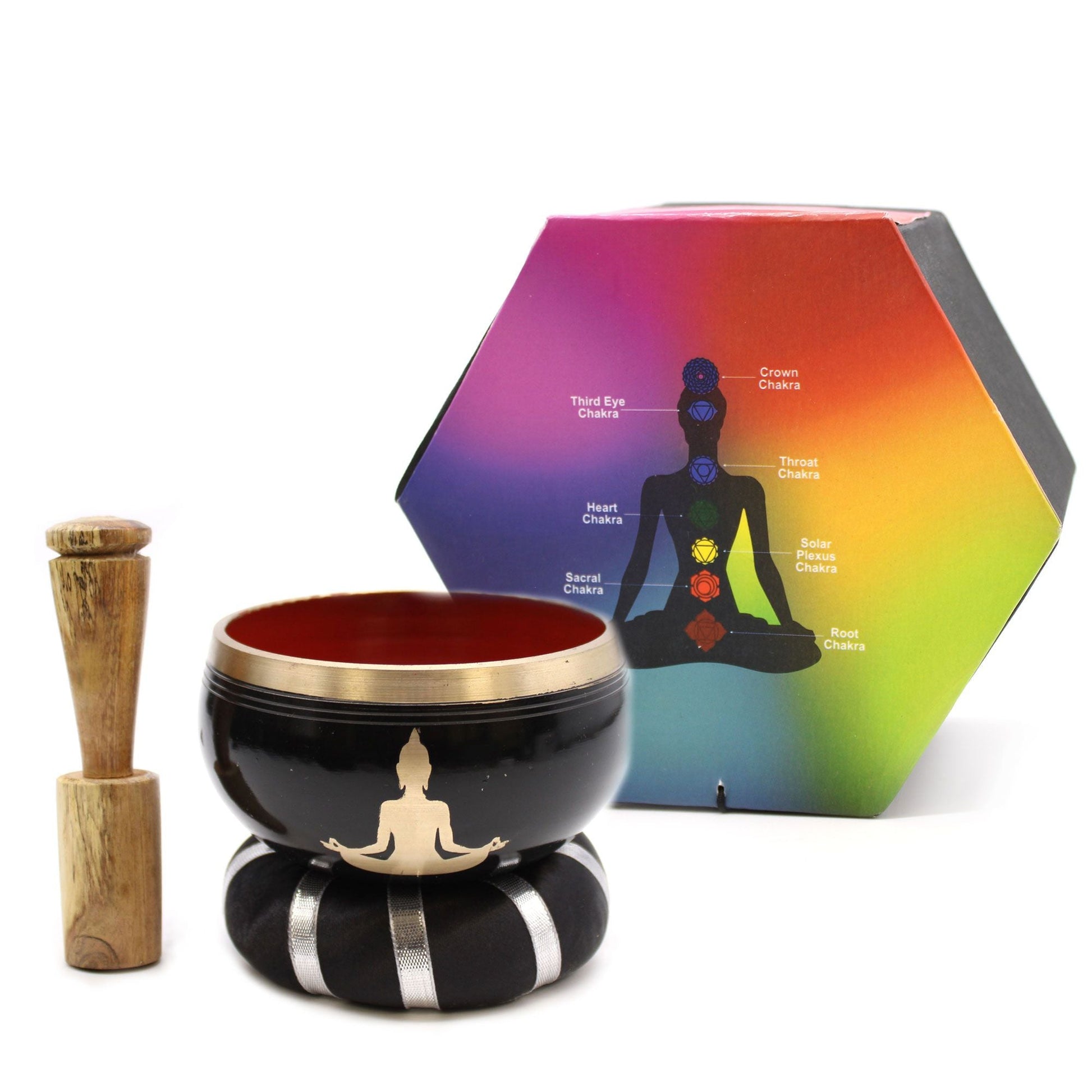 Buddha Singing Bowl Set – Svart/Orange – 10,7 CM med träklubba, kuddring och chakrainspirerad presentask