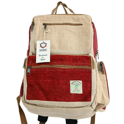 Alt Tag: Burgundy & Cream Boxy Hemp Backpack – Large, boxy square backpack with burgundy front pocket, cream body, zipper and top handle