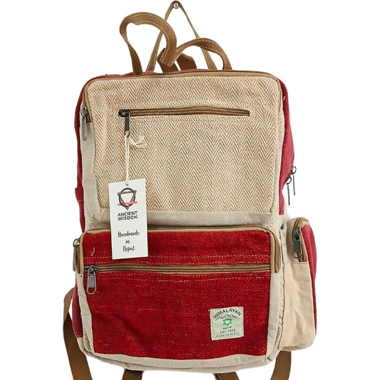 Alt Tag: Burgundy & Cream Boxy Hemp Backpack – Large, boxy hemp-cotton backpack in burgundy and cream with front zipper pocket
