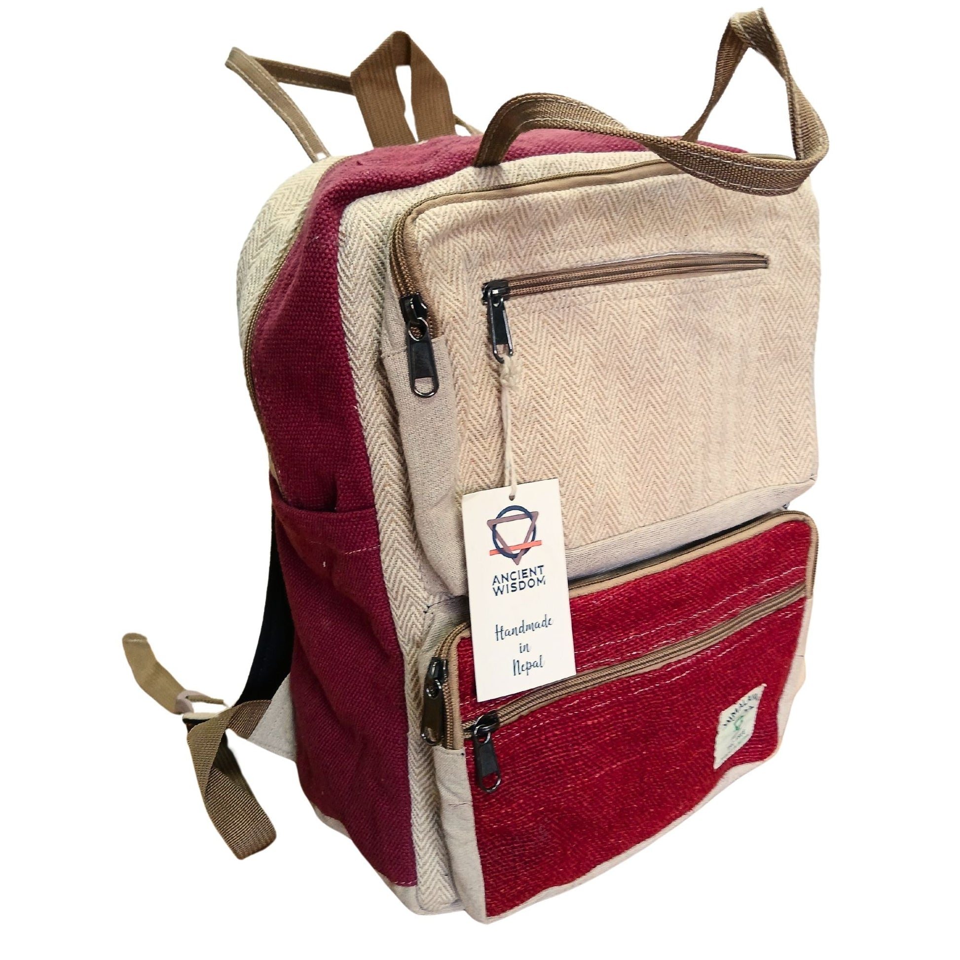 Alt Tag: Burgundy & Cream Boxy Hemp Backpack – Large, mochilón grande cuadrada vino y crema de cáñamo-algodón con bolsillos con cierre