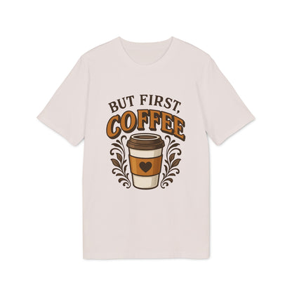 Alt Tag: But First Coffee 100% Organic Cotton T-Shirt con gráfico “But First Coffee” y vaso de café, color crema, manga corta