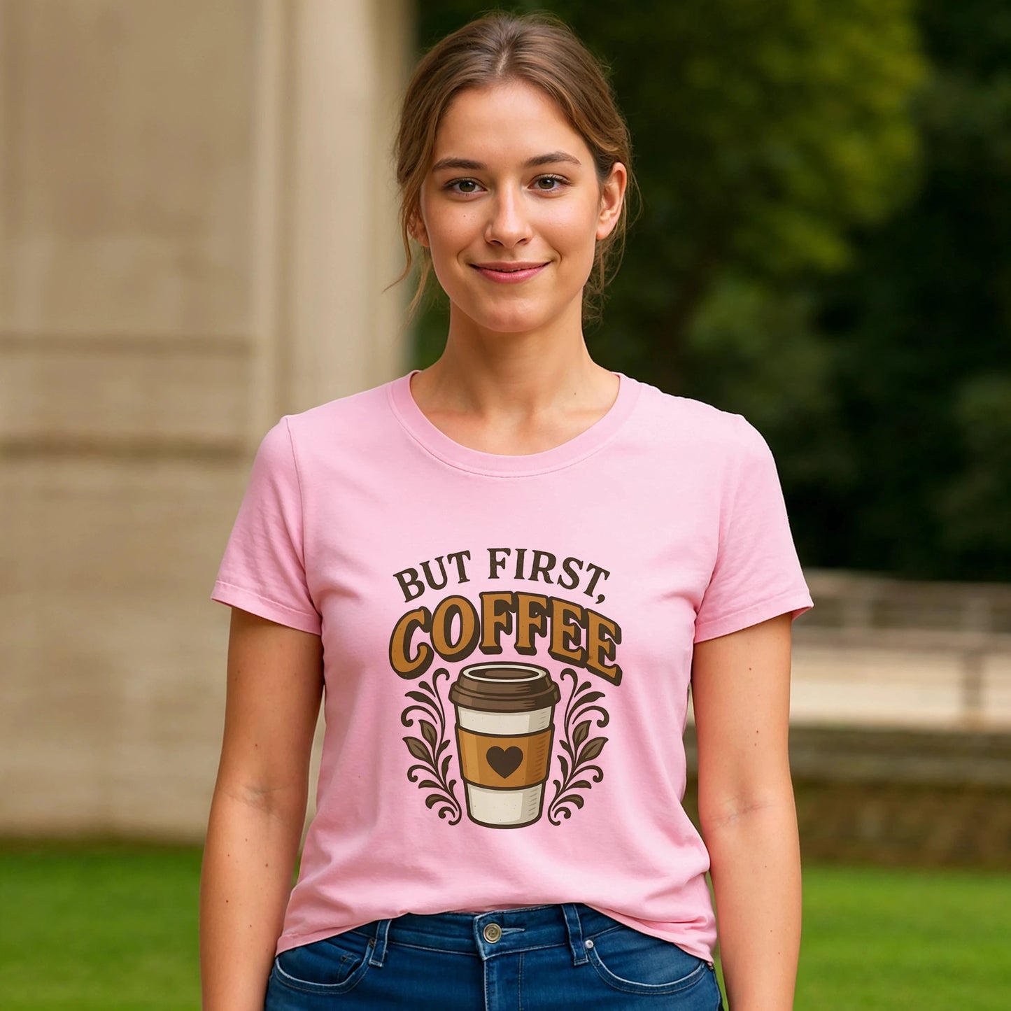 Alt Tag: But First Coffee 100% Organic Cotton T-Shirt in pink, model wearing graphic tee with coffee cup print, casual everyday outfit