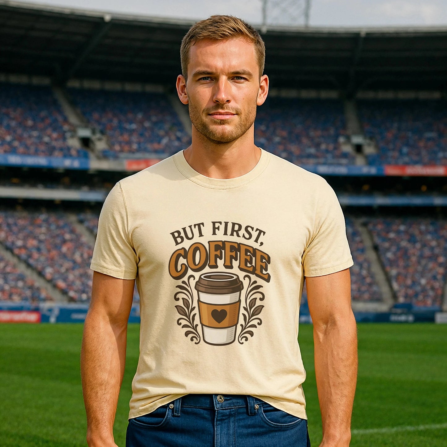 Alt Tag: But First Coffee 100% Organic Cotton T-Shirt on adult model, beige graphic tee with coffee cup and “But First Coffee” text